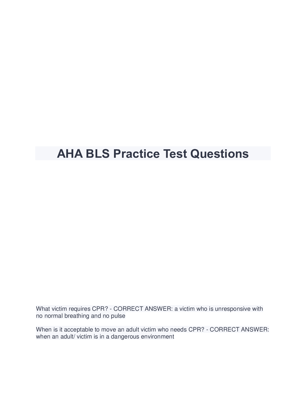 Preview image of AHA BLS Practice Test Questions document
